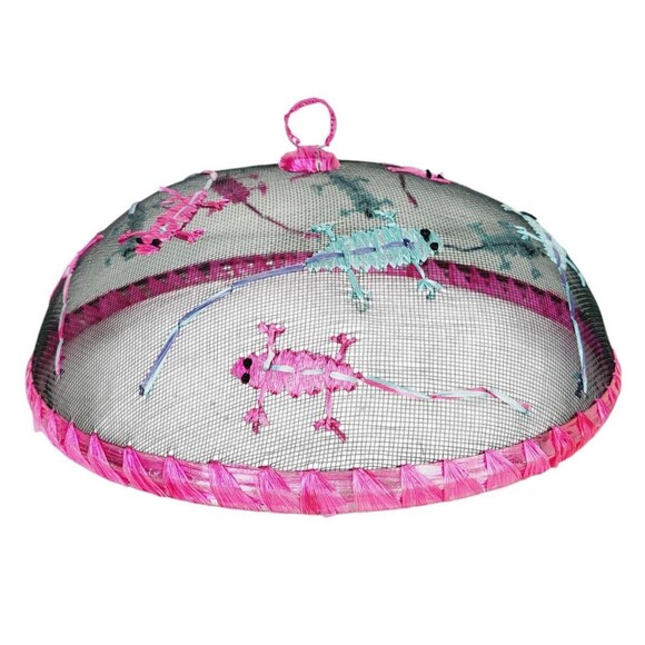 Vintage 60s Pink Domed Embroidered Mesh Raffia Lizards Round Food Cover - Picture 4 of 5
